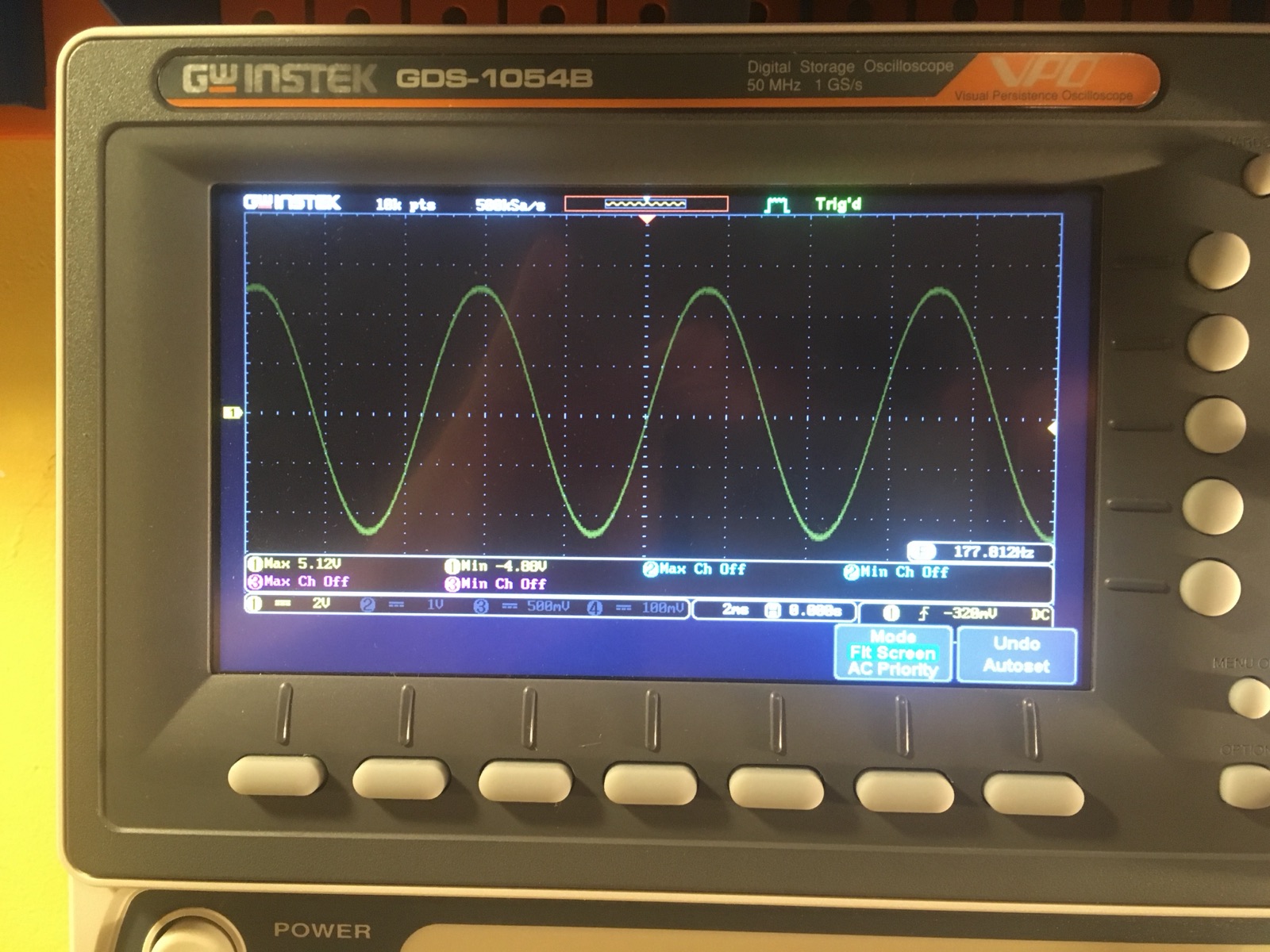 Oscilloscope showing the AT-317 sine output waveform